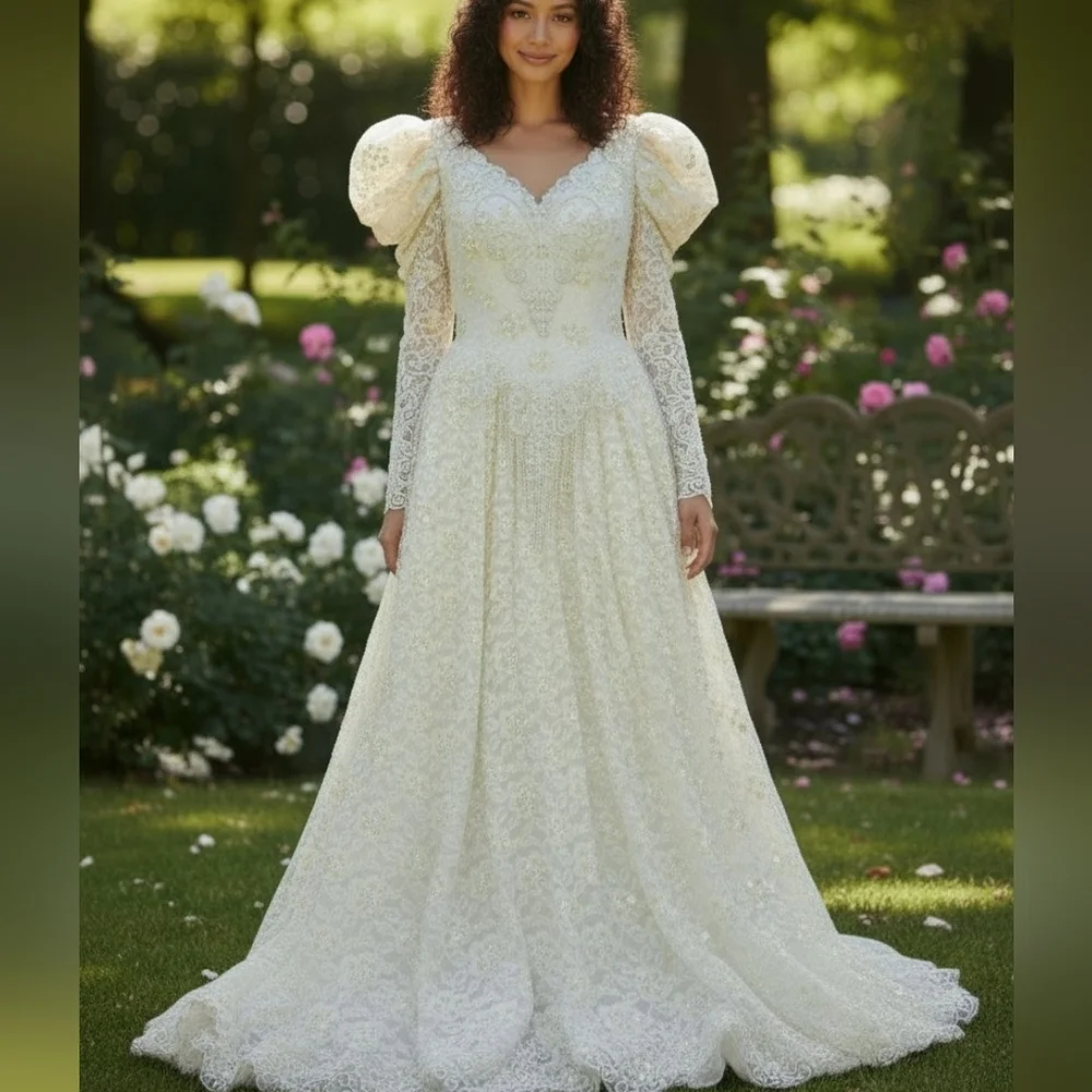 Vintage Wedding Dress Zurcion Method Prestige 10-12 Poof Shoulders Pearls Sequin